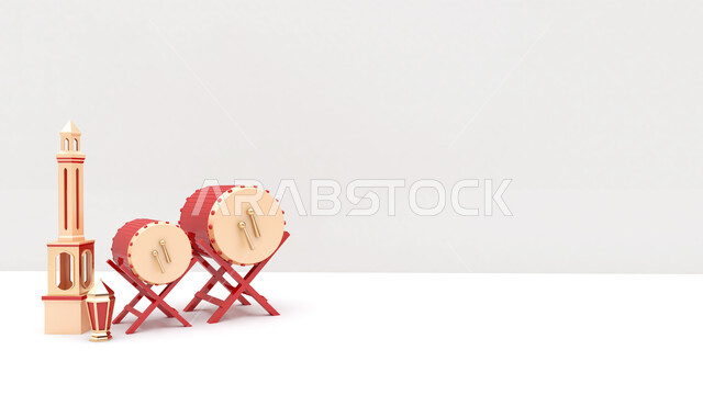 A group of Ramadan artifacts , the crescent of Ramadan, decorations for the month of Ramadan, occasions and gifts, lighting and decorations, celebration and joy of the advent of the month of Ramadan, decorations and lights, a wonder