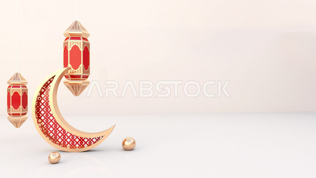 خلفية رمضان واقعية مع الجانب الفارغ ، هلال و فانوس بالحجم الطبيعي ، عرض المنتج ثلاثي الأبعاد ، لافتة ، زينة رمضان ، مفهوم الاحتفال الإسلامي بشهر رمضان الكريم ، أجواء رمضانية