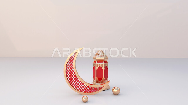 خلفية رمضان واقعية مع الجانب الفارغ ، هلال و فانوس بالحجم الطبيعي ، عرض المنتج ثلاثي الأبعاد ، لافتة ، زينة رمضان ، مفهوم الاحتفال الإسلامي بشهر رمضان الكريم ، أجواء رمضانية