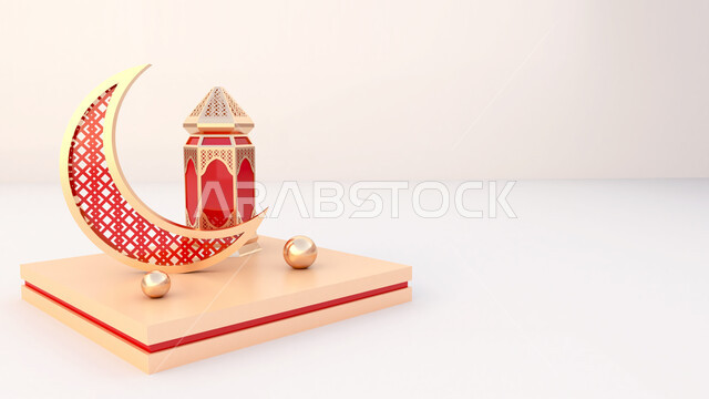 Realistic Ramadan background with blank side, crescent moon and lantern mockup, 3D product rendering, banner, Ramadan decorations, concept of Islamic celebration of the holy month of Ramadan, Ramadan atmosphere