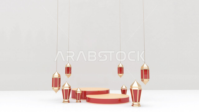 Realistic Ramadan background with blank side, lantern mockup, product display, banner, Ramadan decorations, concept of Islamic celebration of the holy month of Ramadan, Ramadan atmosphere, 3D antiques