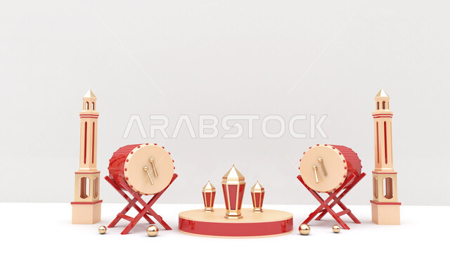 خلفية رمضان واقعية مع الجانب الفارغ ، فانوس بالحجم الطبيعي وطبل إسلامي ، عرض المنتج ثلاثي الأبعاد ، لافتة ، زينة رمضان ، مفهوم الاحتفال الإسلامي بشهر رمضان الكريم ، أجواء رمضانية