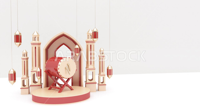 خلفية رمضان واقعية مع الجانب الفارغ ، فانوس بالحجم الطبيعي وطبل إسلامي ، عرض المنتج ، لافتة ، زينة رمضان ، مفهوم الاحتفال الإسلامي بشهر رمضان الكريم ، أجواء رمضانية ، تحف ثلاثية الأبعاد ، زينة وديكورات شهر رمضان