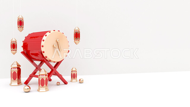 خلفية رمضان واقعية مع الجانب الفارغ ، فانوس بالحجم الطبيعي وطبل إسلامي ، عرض المنتج ثلاثي الأبعاد ، لافتة ، زينة رمضان ، مفهوم الاحتفال الإسلامي بشهر رمضان الكريم ، أجواء رمضانية