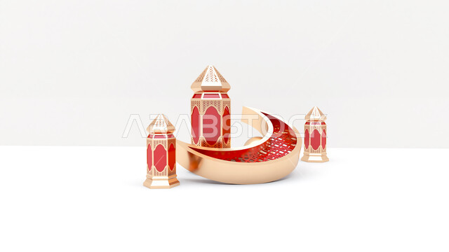 خلفية رمضان واقعية مع الجانب الفارغ ، هلال و فانوس بالحجم الطبيعي ، عرض المنتج ثلاثي الأبعاد ، لافتة ، زينة رمضان ، مفهوم الاحتفال الإسلامي بشهر رمضان الكريم ، أجواء رمضانية