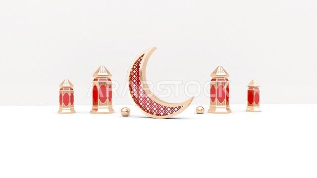 خلفية رمضان واقعية مع الجانب الفارغ ، هلال و فانوس بالحجم الطبيعي ، عرض المنتج ثلاثي الأبعاد ، لافتة ، زينة رمضان ، مفهوم الاحتفال الإسلامي بشهر رمضان الكريم ، أجواء رمضانية