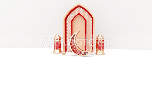 Realistic Ramadan background with blank side, crescent moon and lantern mockup, 3D product rendering, banner, Ramadan decorations, concept of Islamic celebration of the holy month of Ramadan, Ramadan atmosphere