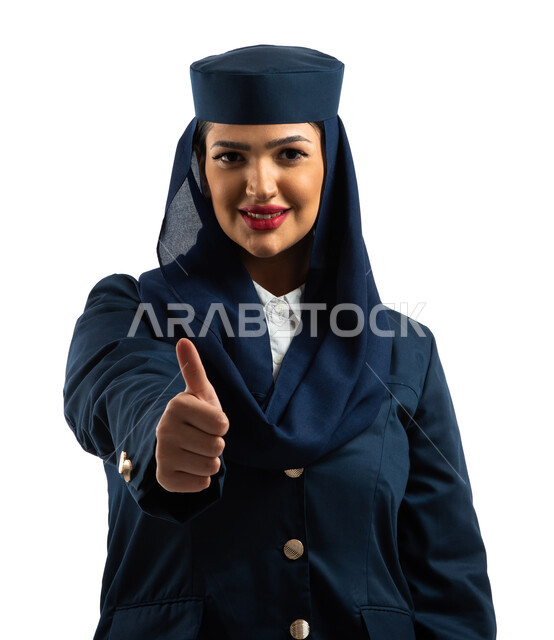 Portrait of a Saudi Arabian Gulf flight attendant dressed as a flight attendant, flight crew, providing flight services to passengers, hand gestures indicating quality, satisfaction and admiration for air services, Saudi Airlines, white background.
