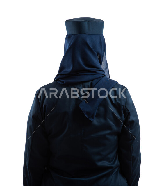 A picture from the back of a Saudi Arabian Gulf woman dressed as a flight attendant, Saudi Airlines, white background, flight attendant profession, flight crew.