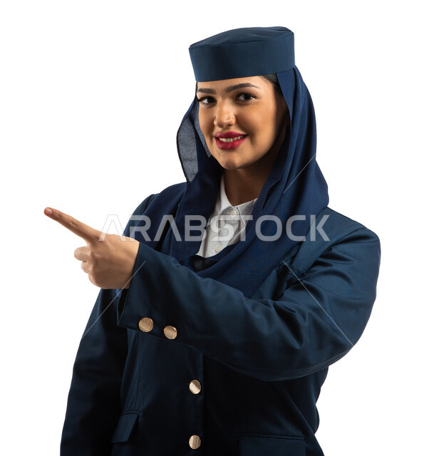 Portrait of a smiling Saudi Arabian Gulf stewardess dressed as a flight attendant, pointing at something, receiving and welcoming passengers, flight crew, Saudi Airlines, providing aviation services to traveling passengers, white background.