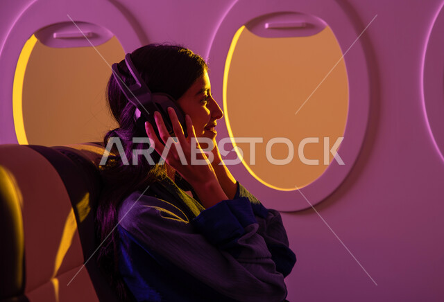 استخدام تقنية الهيدفون ,الاستمتاع بالعطلة الصيفية , سفر وسياحة, ايماءات تدل على الفرح والراحة, فتاة عربية خليجية سعودية محجبة تجلس في مقعد الطائرة,  رحلات جوية سياحية, الخطوط الجوية السعودية, رحلة عمل .