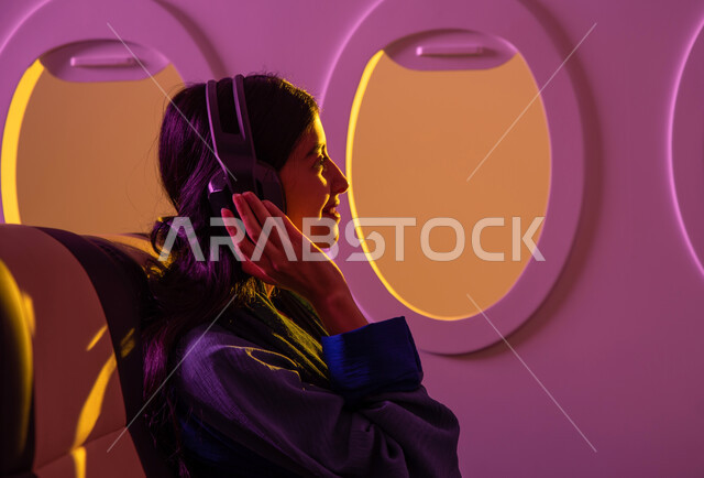 رحلات جوية سياحية, الاستمتاع بالعطلة الصيفية , سفر وسياحة, ايماءات تدل على الفرح والراحة, فتاة عربية خليجية سعودية محجبة تجلس في مقعد الطائرة, استخدام تقنية الهيدفون, الخطوط الجوية السعودية, رحلة عمل .