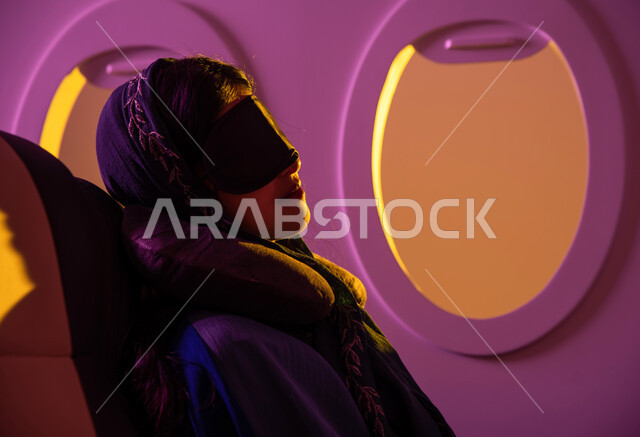 الشعور بالارهاق والتعب اثناء السفر, رحلات جوية سياحية, صورة مقربة لامرأة عربية خليجية سعودية محجبة ترتدي العباءه الخليجية داخل مقصورة الطائرة ، ايماءات تدل على النوم والاسترخاء ، وسائل مواصلات جوية ، خطوط الطيران الجوي ، سياحة وسفر 
