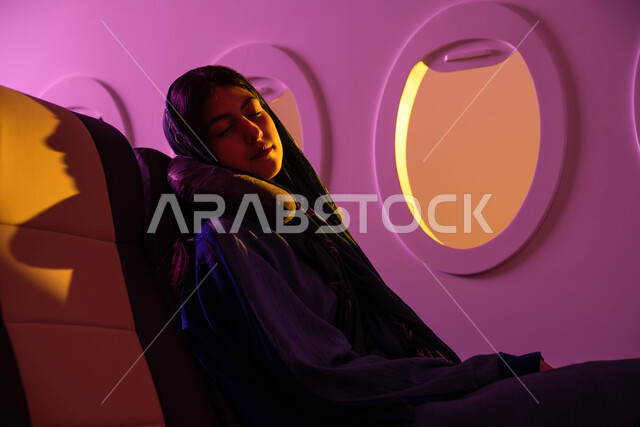 خطوط الطيران الجوي ، الشعور بالتعب والارهاق, امرأة عربية خليجية سعودية محجبة ترتدي العباءه الخليجية داخل مقصورة الطائرة ، ايماءات تدل على النوم والاسترخاء, وسائل مواصلات جوية ، سياحة وسفر ، رحلات جوية سياحية.