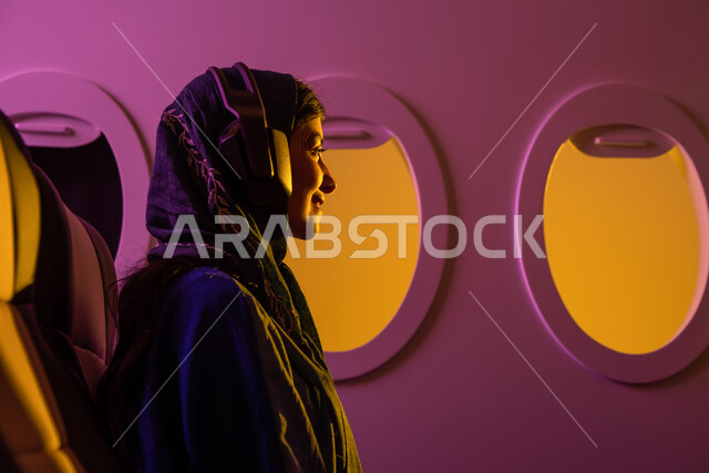 سفر وسياحة, ايماءات تدل على الفرح والراحة, امرأة عربية خليجية سعودية محجبة ترتدي سماعة الرأس  تجلس في مقعد الطائرة, استخدام تقنية الهيدفون, رحلات جوية سياحية, الخطوط الجوية السعودية, عطلة صيفية سعيدة, رحلة عمل .