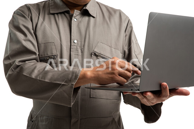 Close-up of a Filipino construction worker, portrait of an architect using a laptop, maintenance technician, following up on remote work, using modern technologies, bringing in labor from abroad, white background