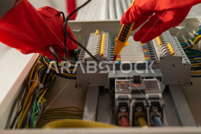 An electrician wearing electrical insulation gloves and using an ammeter, maintenance and installation of the electricity meter board, concept of electrical engineering, installation of electric switches, electrical technician work, extension of electrica