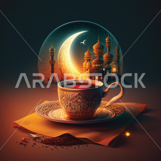 كوب القهوة المزخرف، السماء المليئة بالنجوم، هلال مضيء، مشروب القهوة الساخن، حبوب البن المتناثرة، انارة متوهجة، خلفية المسجد