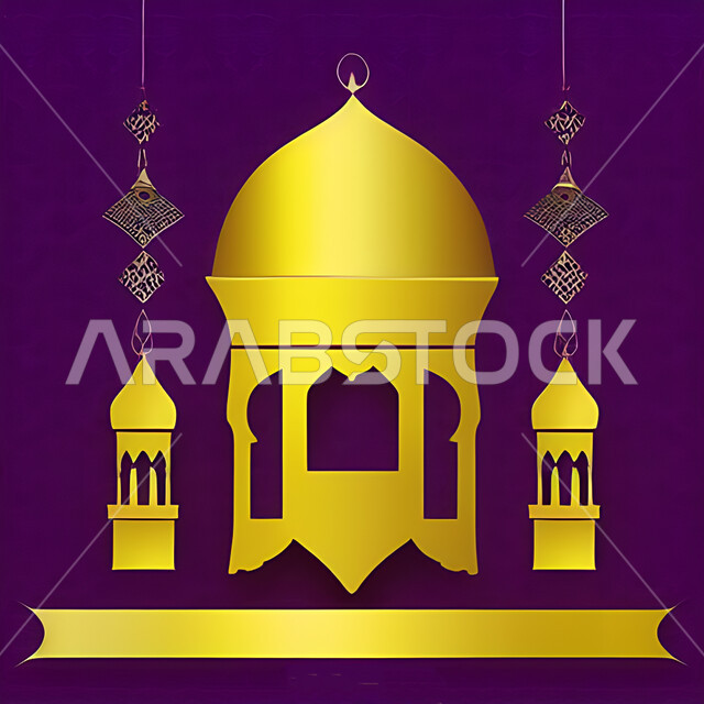 رسم توضيحي لمسجد، تصميمات ابداعية، مسجد باللون الاصفر، خلفية بنفسجية