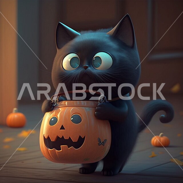 قط اسود يحمل يقطينة بوجه مخيف، قرع الهالوين، عيد الهالوين، وجه تنكري مخيف