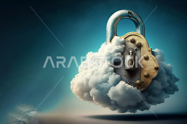 باب مغلق محاط بالسحب، سحب بيضاء، باب مقفول، الحماية والامان، تصميم ثلاثي الابعاد، خلفية زرقاء مجردة