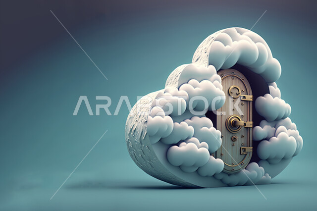 Closed door surrounded by clouds, white clouds, locked door, protection and security, 3d design, abstract blue background