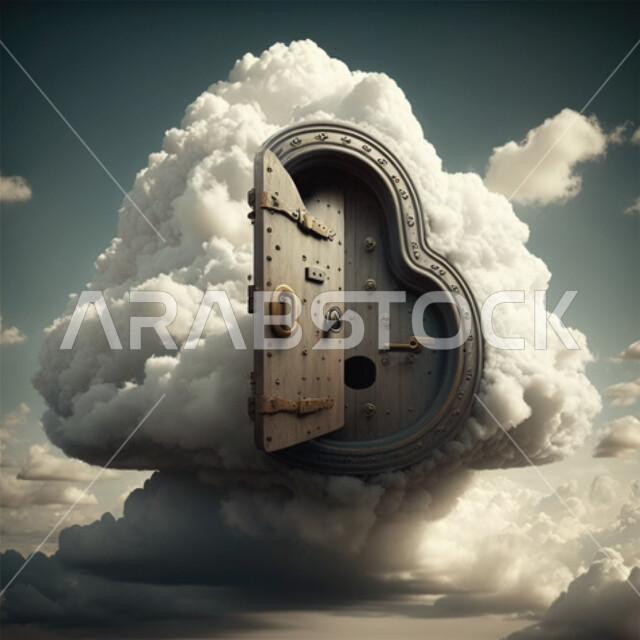 Open door surrounded by clouds, cloudy sky, 3d design, white clouds background