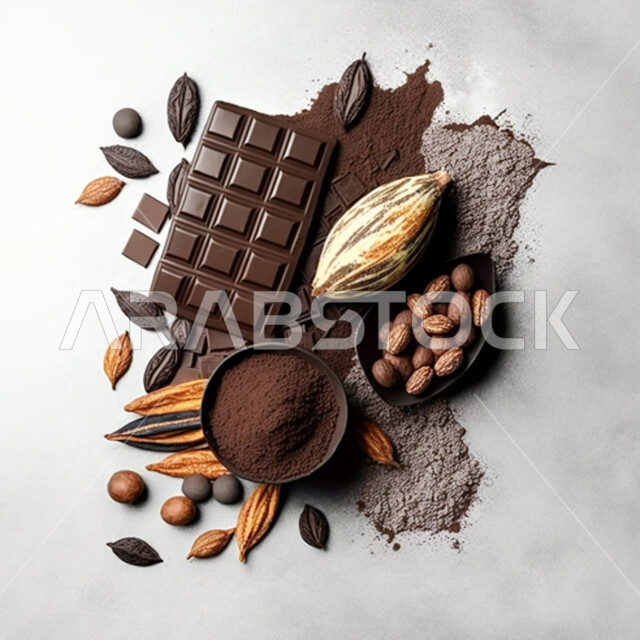 Chocolate pieces, chocolate art display, professional photography, marketing for the chocolate factory, chocolate shop, cocoa chocolate, chocolate background