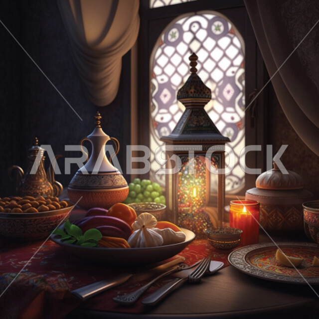 صورة مقربة لسفرة طعام في احد المطاعم، فانوس رمضان، ديكورات وتصاميم داخلية، اطباق الطعام، شمعة مضيئة