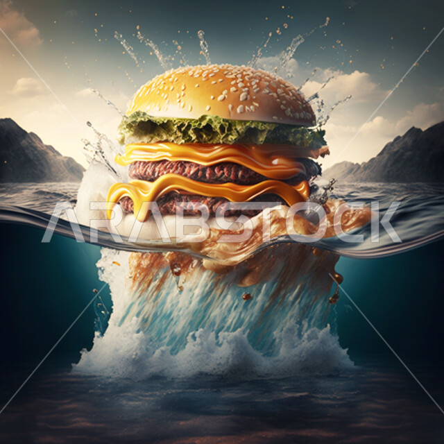 هامبرغر على نفاثة من الماء ، عرض ثلاثي الأبعاد ، إعلان دعائي ، برجر بحجم كبير ، طبيعة وشلال ماء 