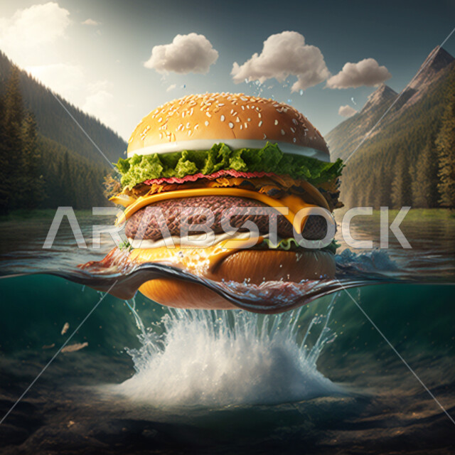 هامبرغر على نفاثة من الماء ، عرض ثلاثي الأبعاد ، إعلان دعائي ، برجر بحجم كبير ، طبيعة وشلال ماء 