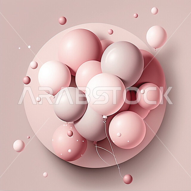 مجموعة من الفقعات الوردية، اشكال دائرية، بالونات وردية، جزيئات، باستيل، خلفية وردية