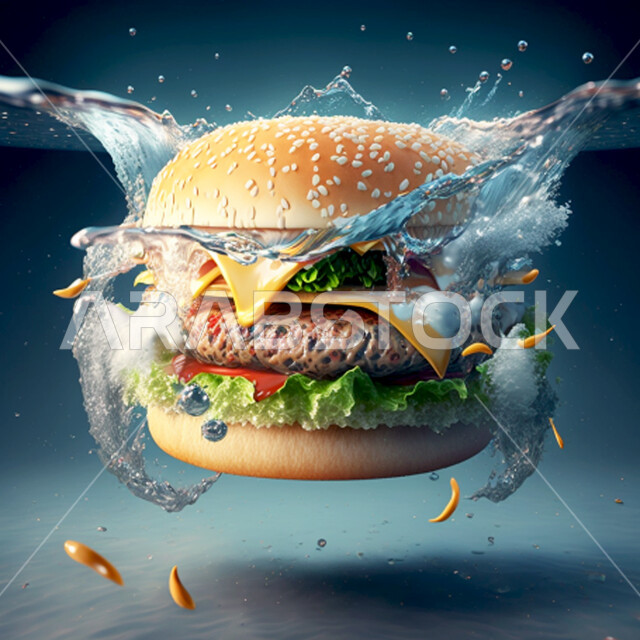 هامبرغر داخل الماء ، عرض ثلاثي الأبعاد ، إعلان دعائي ، برجر بحجم كبير ، طبيعة وماء