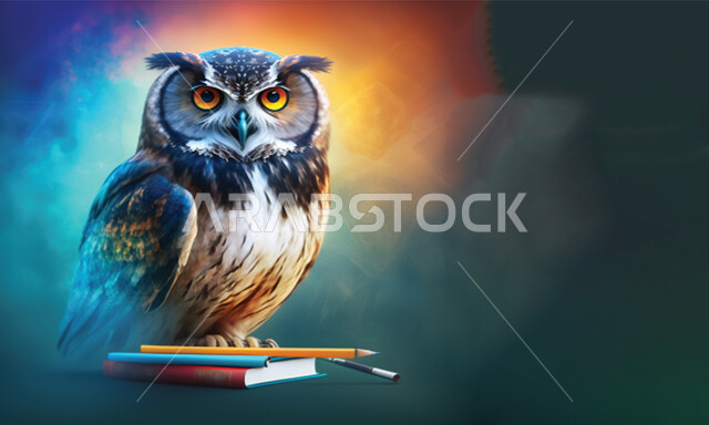 صورة مقربة لبومة تقف فوق كتاب، الاقلام والكتب، الذكاء الاصطناعي، رسوم ثلاثية الابعاد، خلفية ملونة