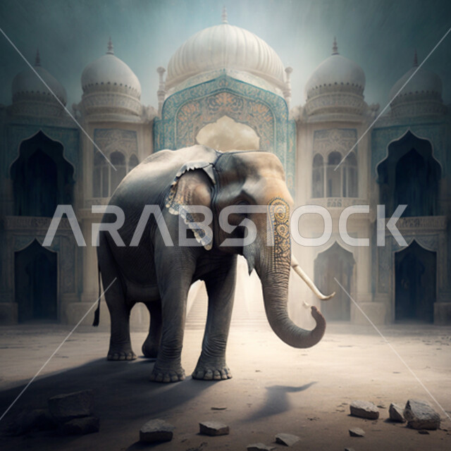 Elephant animal in front of the old building, large size film