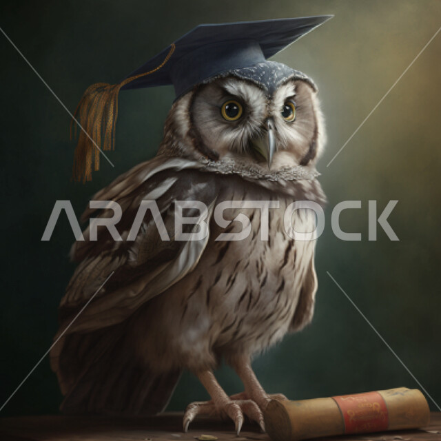Close up of an owl wearing a student cap, graduation cap, artificial intelligence, 3d graphics, black background