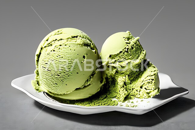 طبق ايس كريم بنكهة النعناع، ايس كريم الفستق الحلبي، طبق البوظة الاخضر، حلويات صيفية باردة، اوراق النعناع، ايس كريم طازج، مرطبات صيفية