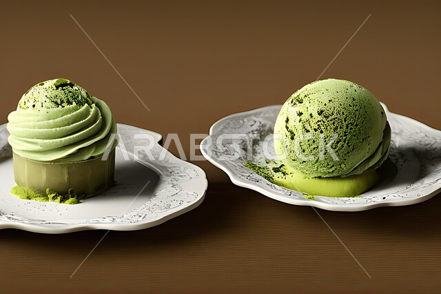 طبق ايس كريم بنكهة النعناع، ايس كريم الفستق الحلبي، طبق البوظة الاخضر، حلويات صيفية باردة، اوراق النعناع، ايس كريم طازج، مرطبات صيفية