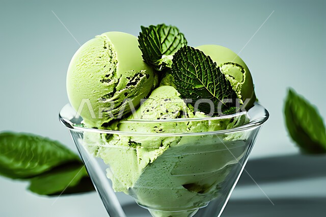 طبق ايس كريم بنكهة النعناع، ايس كريم الفستق الحلبي، طبق البوظة الاخضر، حلويات صيفية باردة، اوراق النعناع، ايس كريم طازج، مرطبات صيفية