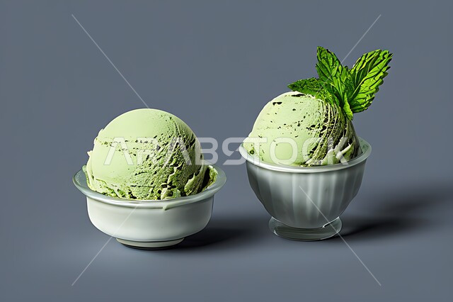 طبق ايس كريم بنكهة النعناع، ايس كريم الفستق الحلبي، طبق البوظة الاخضر، حلويات صيفية باردة، اوراق النعناع، ايس كريم طازج، مرطبات صيفية