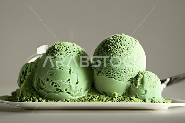 طبق ايس كريم بنكهة النعناع، ايس كريم الفستق الحلبي، طبق البوظة الاخضر، حلويات صيفية باردة، اوراق النعناع، ايس كريم طازج، مرطبات صيفية