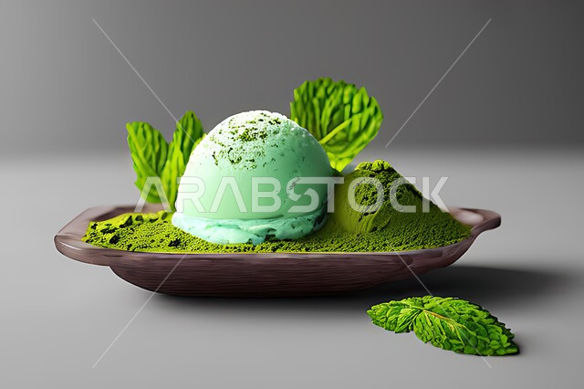 طبق ايس كريم بنكهة النعناع، ايس كريم الفستق الحلبي، طبق البوظة الاخضر، حلويات صيفية باردة، اوراق النعناع، ايس كريم طازج، مرطبات صيفية