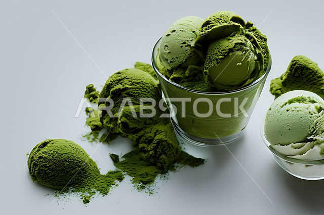 طبق ايس كريم بنكهة النعناع، ايس كريم الفستق الحلبي، طبق البوظة الاخضر، حلويات صيفية باردة، اوراق النعناع، ايس كريم طازج، مرطبات صيفية