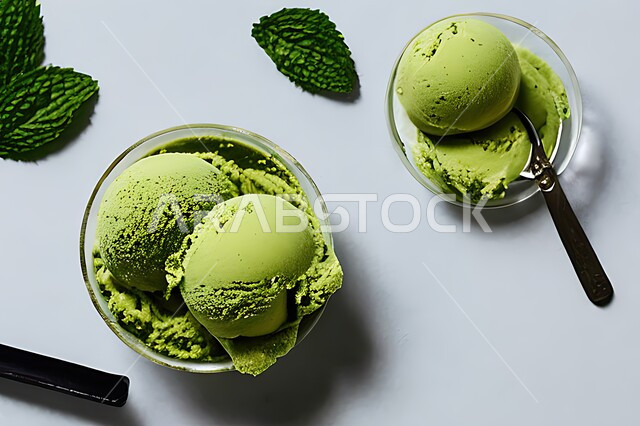 طبق ايس كريم بنكهة النعناع، ايس كريم الفستق الحلبي، طبق البوظة الاخضر، حلويات صيفية باردة، اوراق النعناع، ايس كريم طازج، مرطبات صيفية