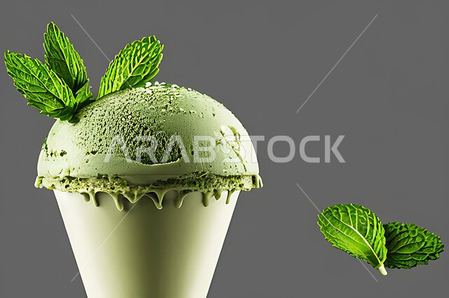 طبق ايس كريم بنكهة النعناع، ايس كريم الفستق الحلبي، طبق البوظة الاخضر، حلويات صيفية باردة، اوراق النعناع، ايس كريم طازج، مرطبات صيفية