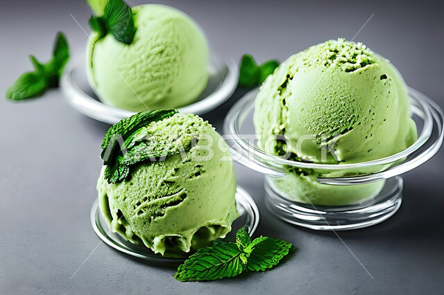 طبق ايس كريم بنكهة النعناع، ايس كريم الفستق الحلبي، طبق البوظة الاخضر، حلويات صيفية باردة، اوراق النعناع، ايس كريم طازج، مرطبات صيفية