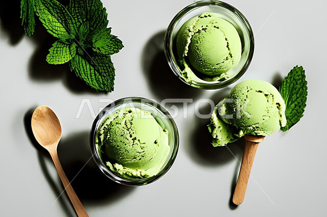 طبق ايس كريم بنكهة النعناع، ايس كريم الفستق الحلبي، طبق البوظة الاخضر، حلويات صيفية باردة، اوراق النعناع، ايس كريم طازج، مرطبات صيفية