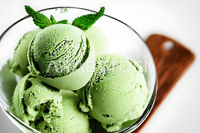 طبق ايس كريم بنكهة النعناع، ايس كريم الفستق الحلبي، طبق البوظة الاخضر، حلويات صيفية باردة، اوراق النعناع، ايس كريم طازج، مرطبات صيفية