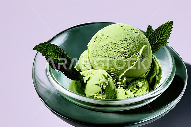 طبق ايس كريم بنكهة النعناع، ايس كريم الفستق الحلبي، طبق البوظة الاخضر، حلويات صيفية باردة، اوراق النعناع، ايس كريم طازج، مرطبات صيفية