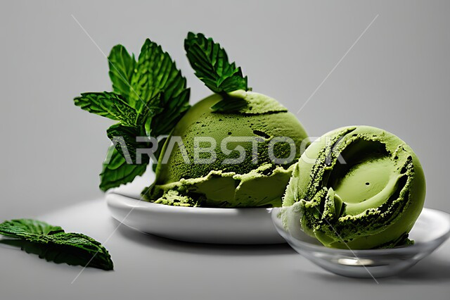 طبق ايس كريم بنكهة النعناع، ايس كريم الفستق الحلبي، طبق البوظة الاخضر، حلويات صيفية باردة، اوراق النعناع، ايس كريم طازج، مرطبات صيفية